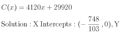 The C(x)=4120x+29920 is X Intercepts: (-748/103 ,0),Y Intercepts: (0,29920)